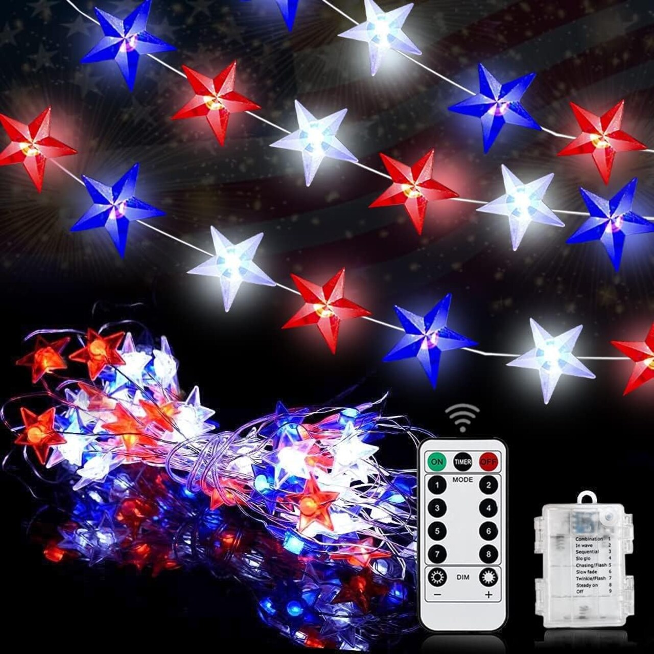 2 Pack Red White Blue Star Lights Remote Timer Battery Operated USA Flag Patriotic Decorations